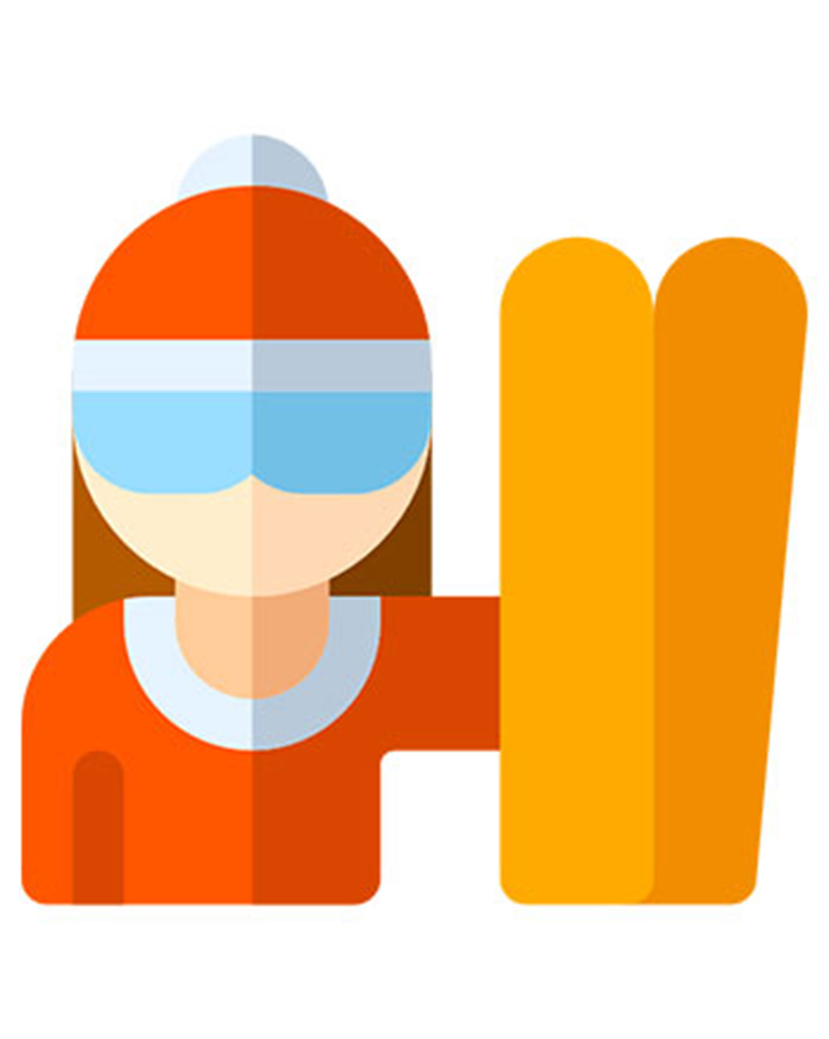 Cartoon of a person in winter gear holding yellow skis, wearing goggles and a red hat with a white pom-pom. - Scuola Sci Cortina