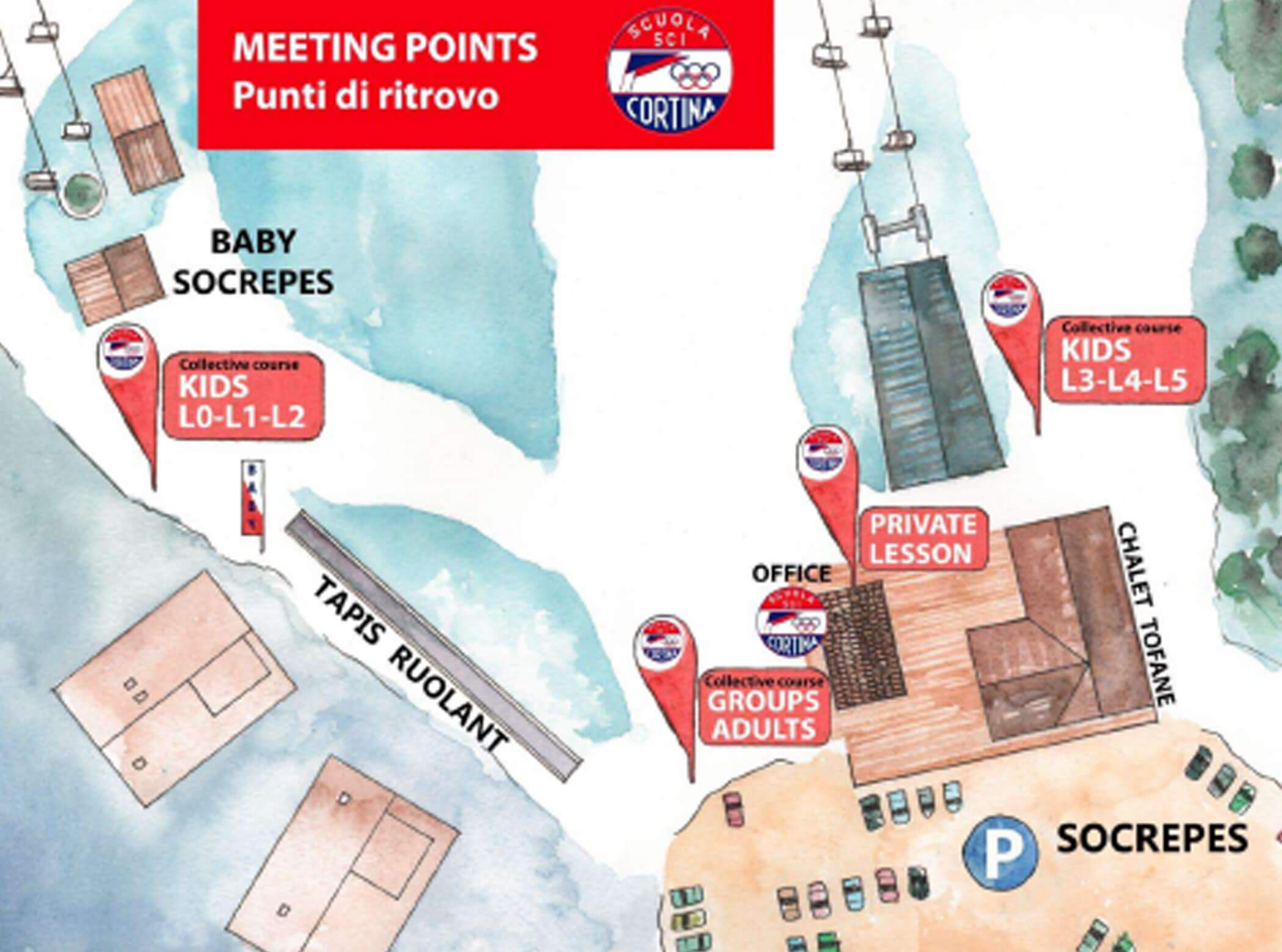 Map showing meeting points for ski lessons: Baby, Kids, Group Adults, Private Lesson, near Socrepes chalet. - Scuola Sci Cortina