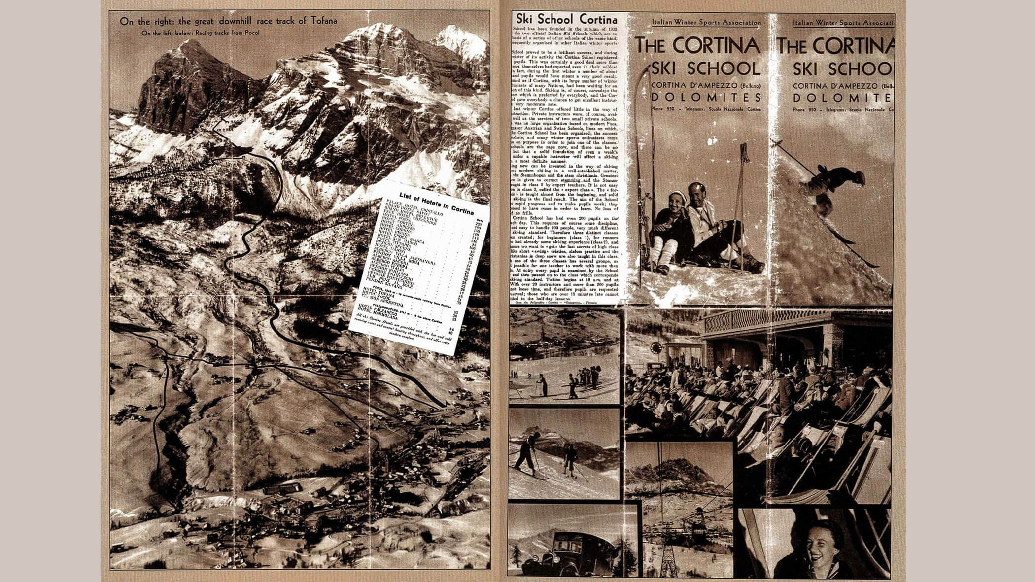 Vintage ski school brochure with mountain map, article, photos of skiers, and ski school advertisements. - Scuola Sci Cortina
