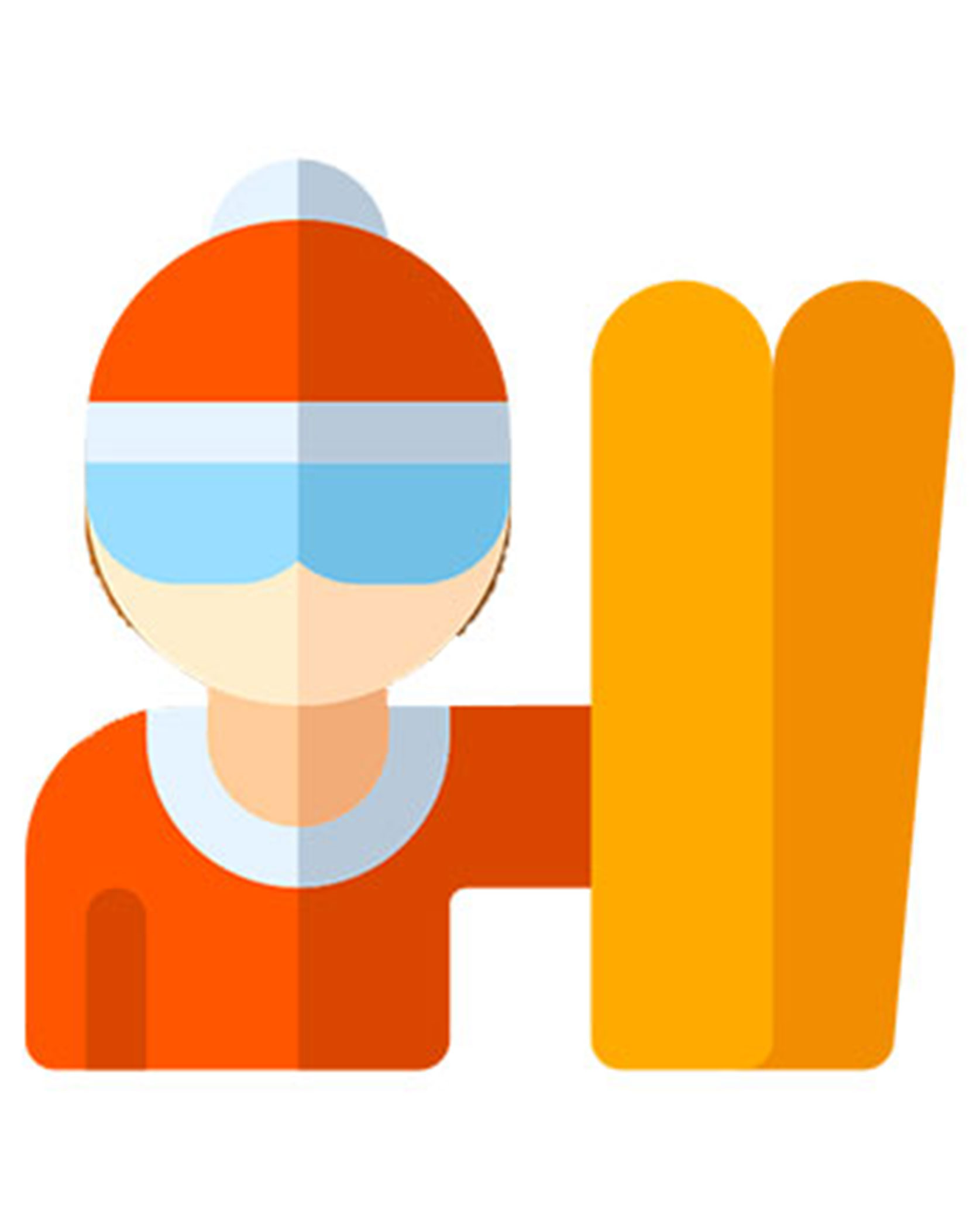 Person in red winter gear and goggles holding two yellow skis, illustrated in a flat style. - Scuola Sci Cortina