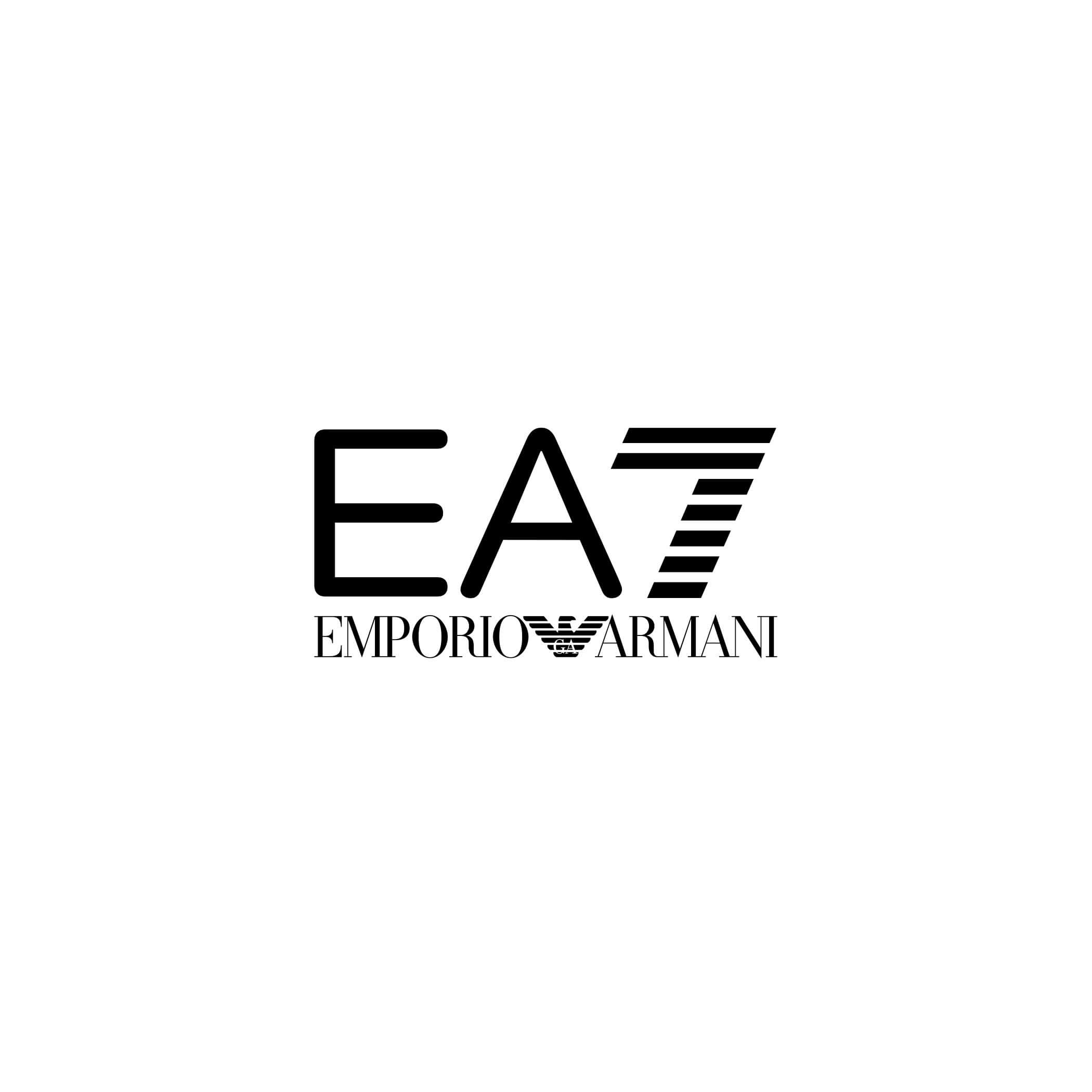Black EA7 Emporio Armani logo with stylized stripes on the 7 and eagle emblem under Armani.. - Scuola Sci Cortina