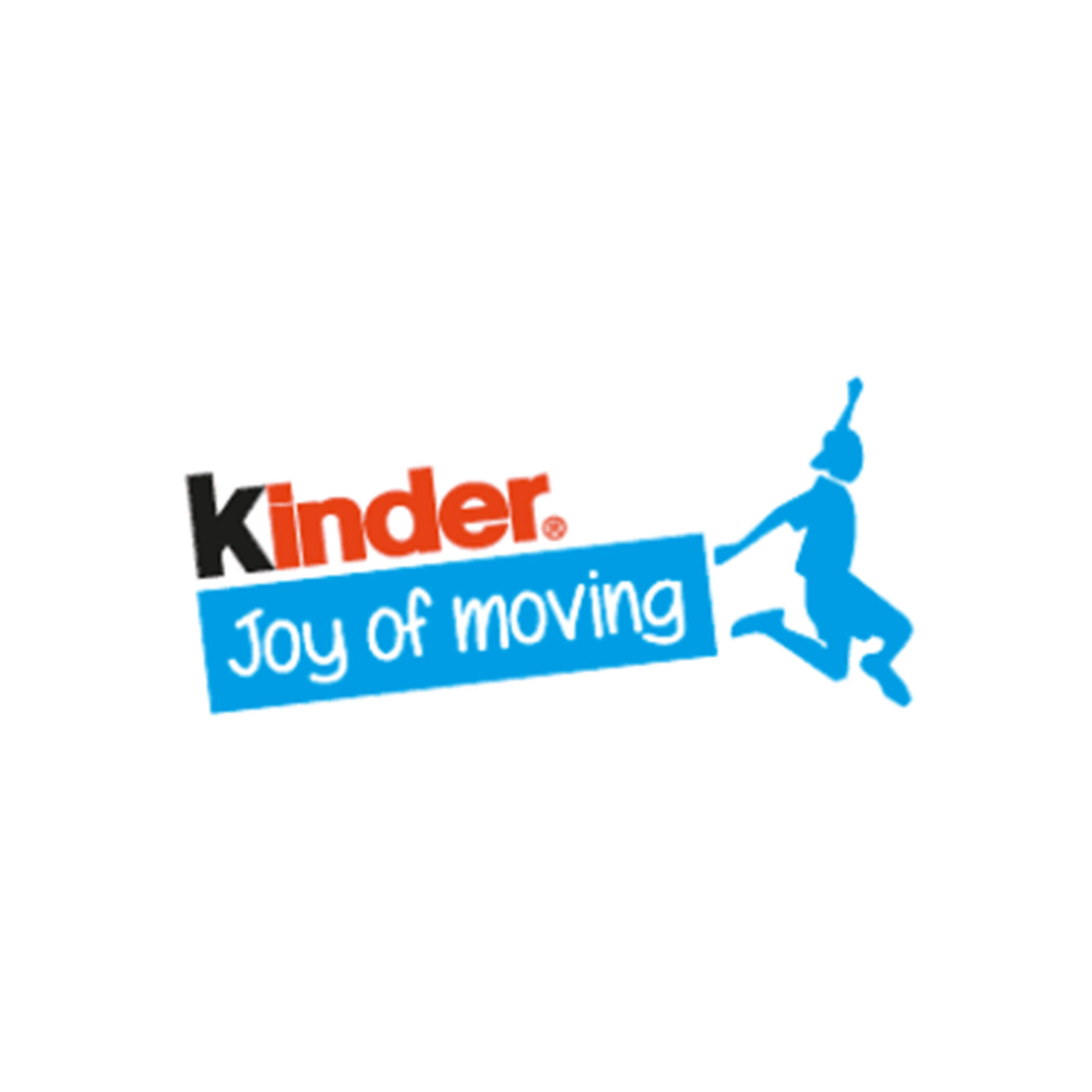 Kinder Joy of Moving logo with a jumping blue silhouette and playful text on a white background. - Scuola Sci Cortina