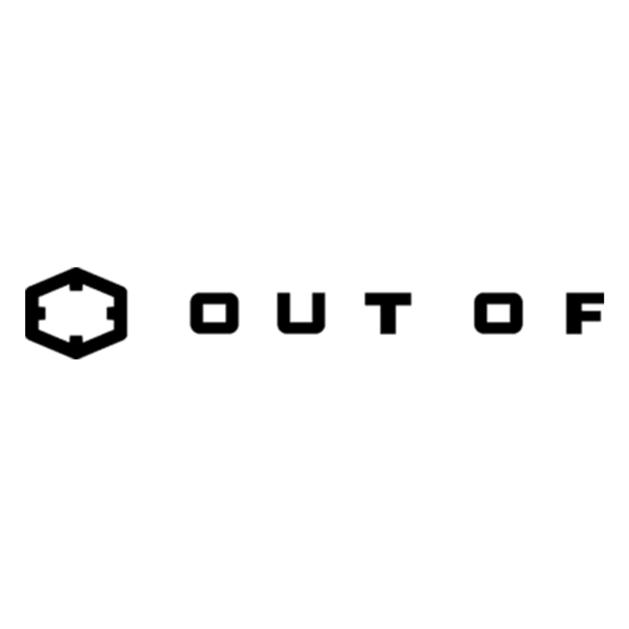 Hexagonal black logo followed by the words OUT OF in bold, black, geometric font on a white background. - Scuola Sci Cortina