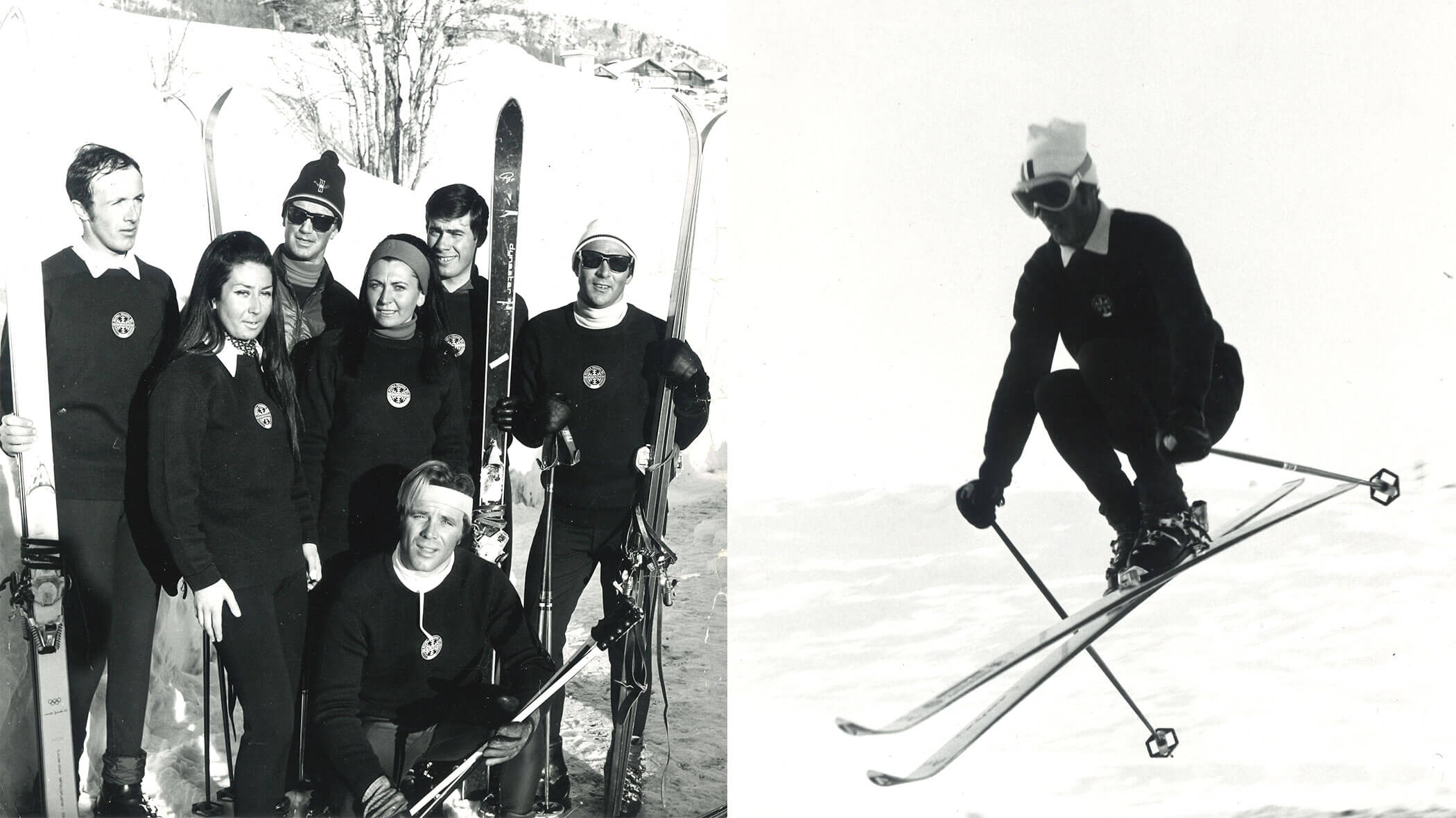 Group of skiers posing with gear on left; single skier mid-jump on snowy slope on right. Black and white photo. - Scuola Sci Cortina